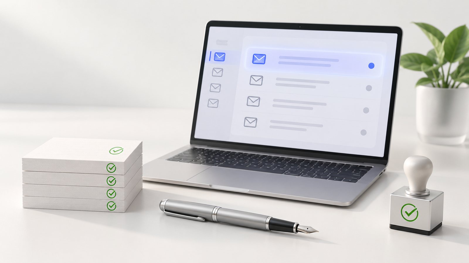 Laptop ze skrzynką pocztową, karty z szablonami i pióro - szablony trudnych maili w firmie