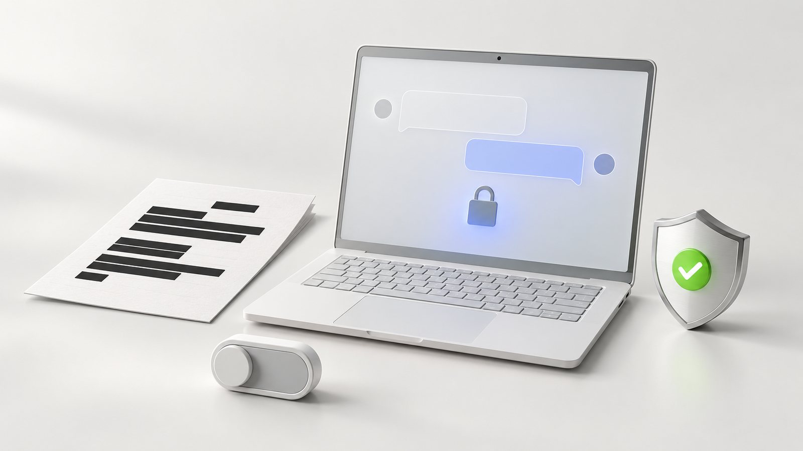Laptop z oknem czatu, wyłączonym przełącznikiem ustawień i dokumentem z zamazanymi danymi