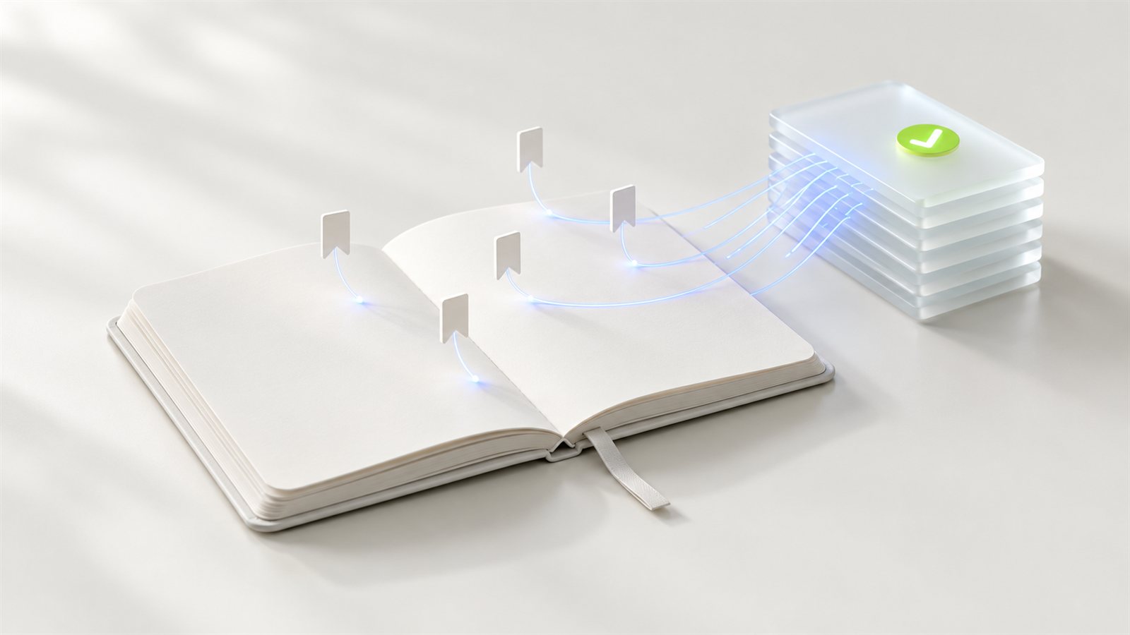 Porcelanowy notatnik połączony świetlistymi nićmi ze stosem szklanych dokumentów - Gemini Notebook w małej firmie