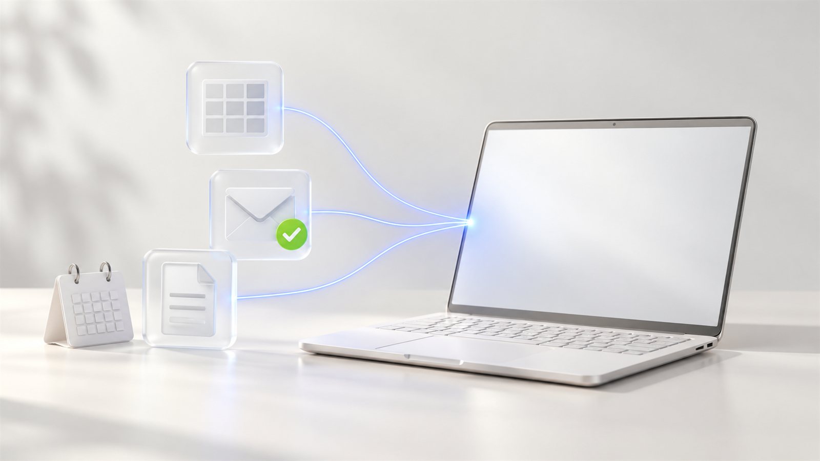 Porcelanowy laptop połączony świetlistymi nićmi ze szklanym arkuszem, kopertą i dokumentem - Microsoft 365 Copilot w małej firmie