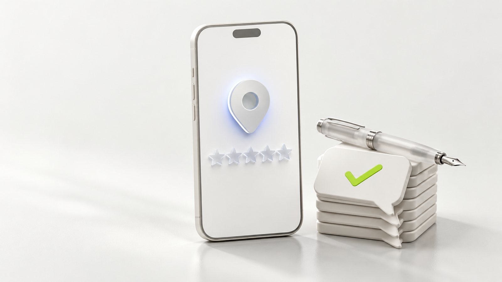 Porcelanowy telefon z pinezką mapy i pięcioma gwiazdkami oraz karty odpowiedzi - odpowiedzi na opinie Google z pomocą AI