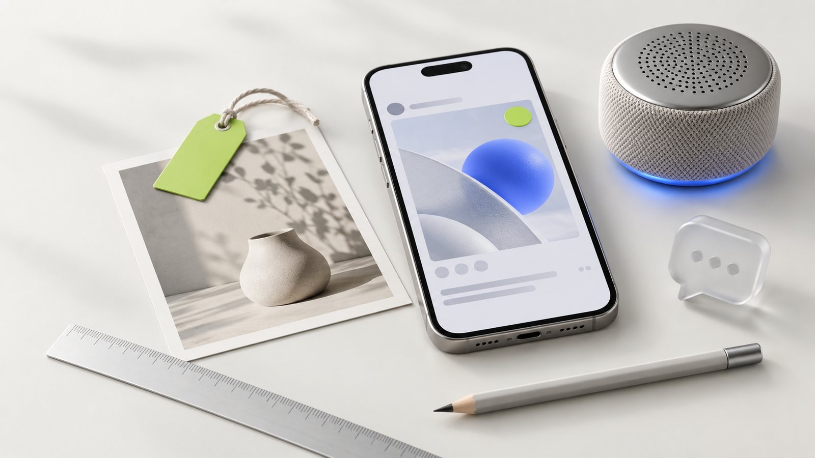 Telefon z postem oznaczonym etykietą, zdjęcie produktu z metką i ikona czatu na biurku