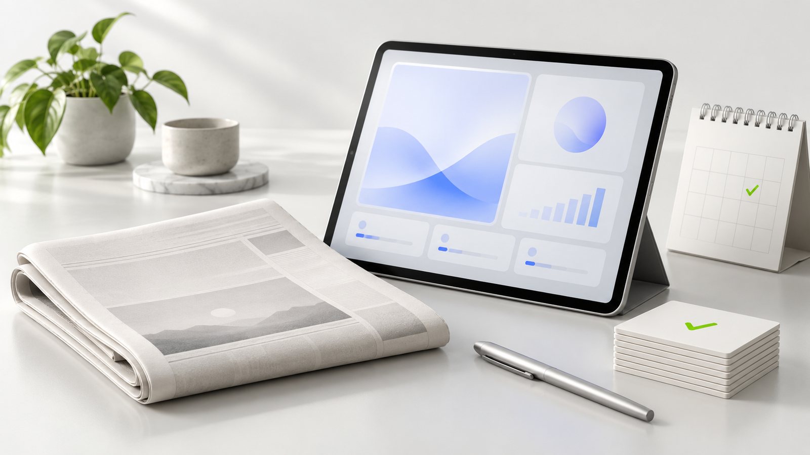 Gazeta, tablet i karty z ocenami newsów AI - przegląd dnia 5 października 2026