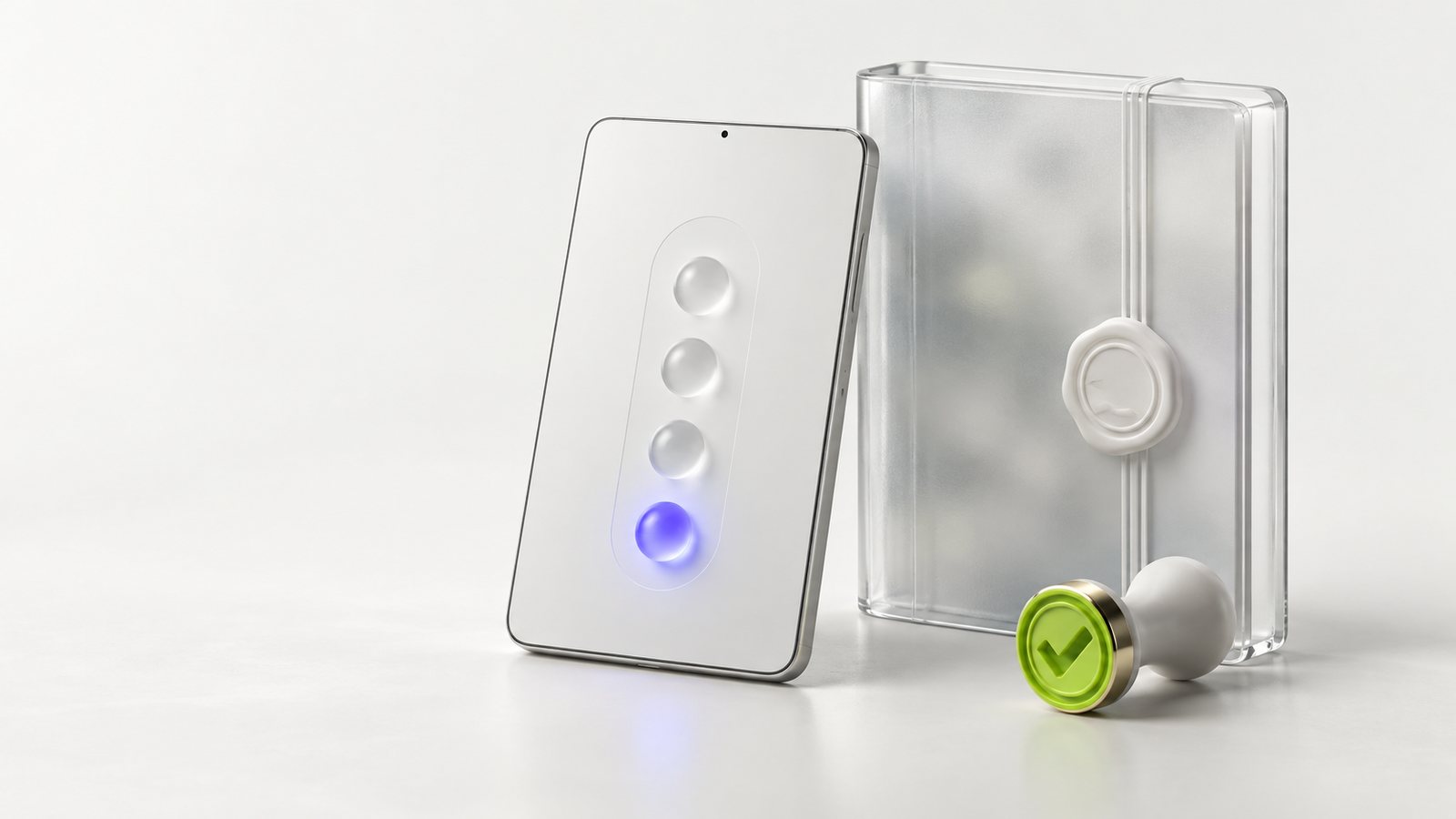 Porcelanowy tablet z przełącznikiem modelu i szklany regulamin z zieloną pieczęcią - przegląd AI 9 października 2026