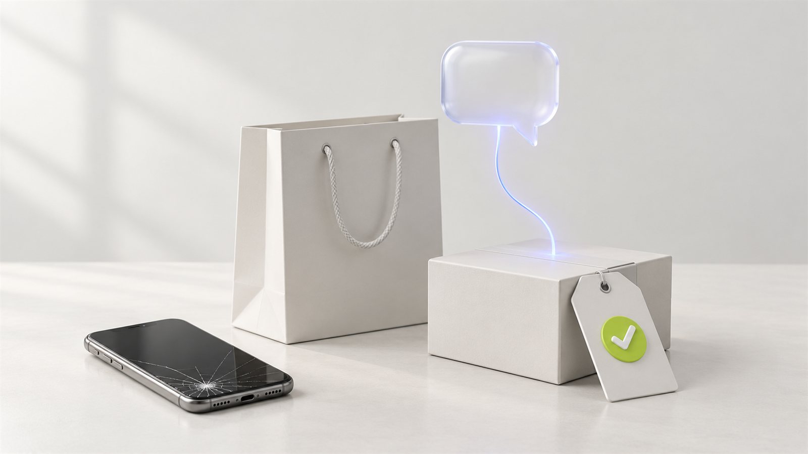 Porcelanowa torba zakupowa, paczka i szklany dymek rozmowy - Asystent AI na Allegro i wysyłki w Shopify