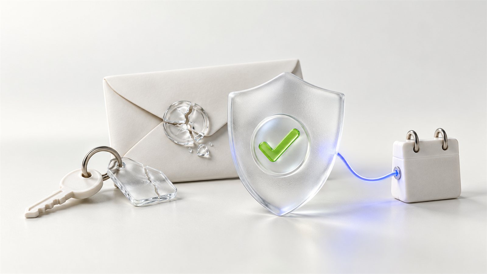 Porcelanowa koperta z pękniętą pieczęcią, klucz i szklana tarcza - przegląd AI 20.10: phishing i klucze API