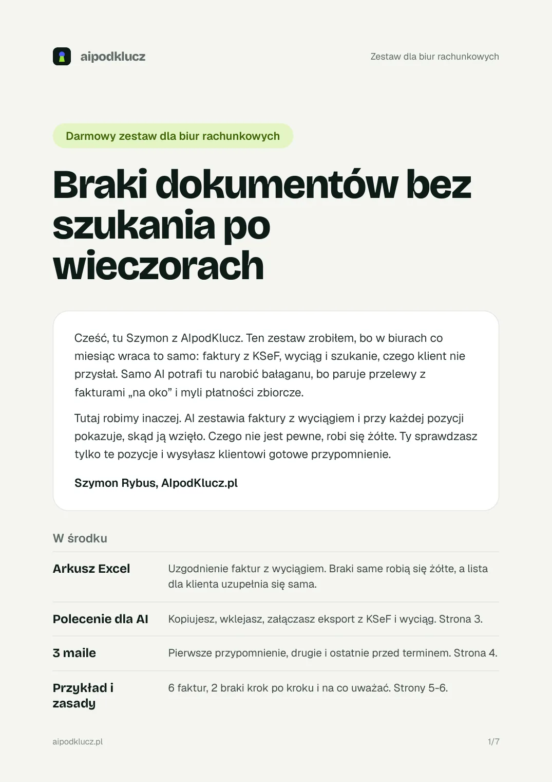 Pierwsza strona zestawu: braki dokumentów u klientów, arkusz, polecenie dla AI i gotowe przypomnienia