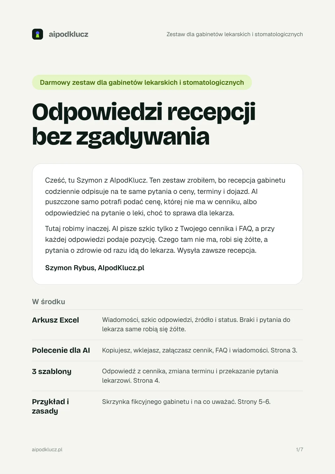 Pierwsza strona zestawu: Odpowiedzi recepcji bez zgadywania